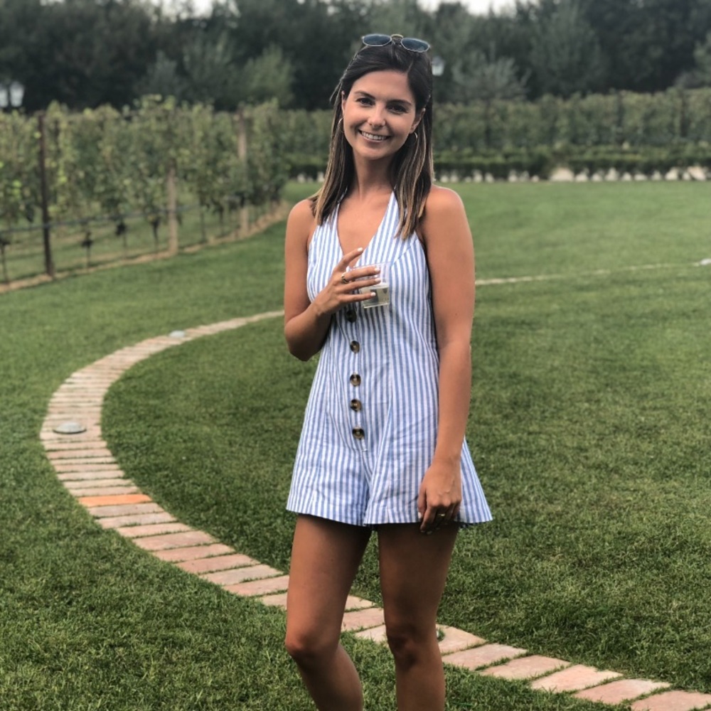 Blue & White Stripe Low Back Halter Romper - Urban Outfitters